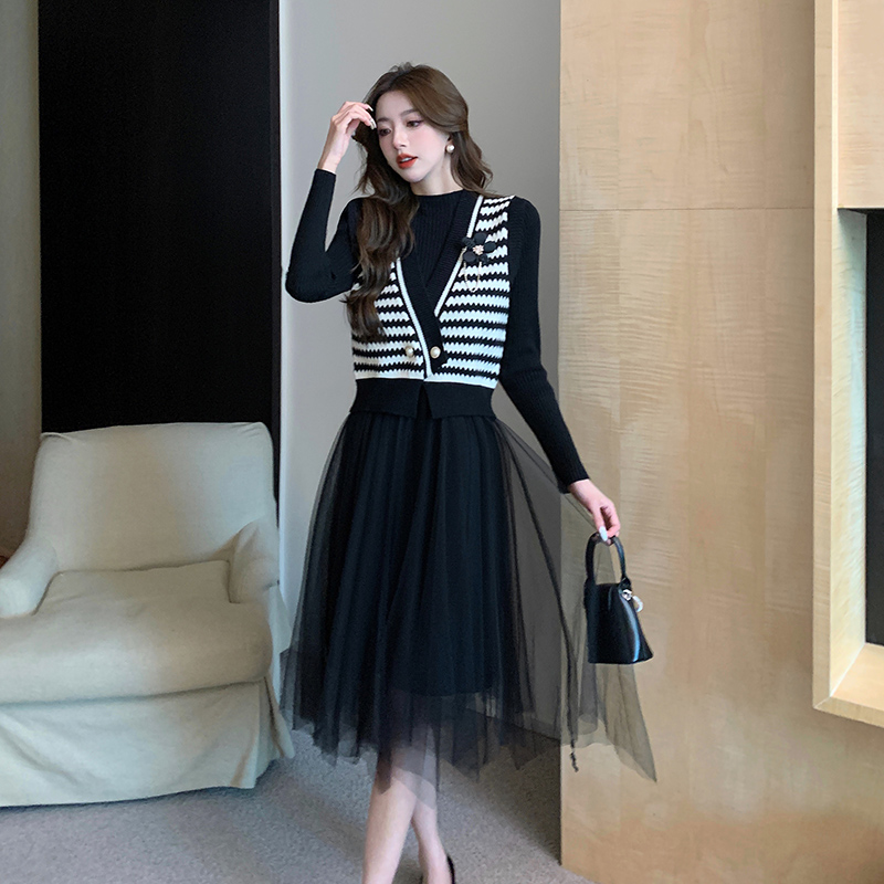 Slim sweater dress waistcoat 2pcs set