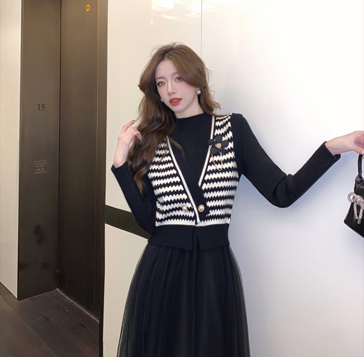 Slim sweater dress waistcoat 2pcs set