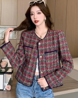 Weave wine-red jacket mixed colors plaid tops