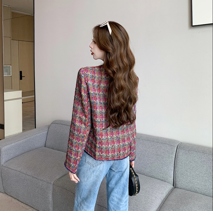 Weave wine-red jacket mixed colors plaid tops