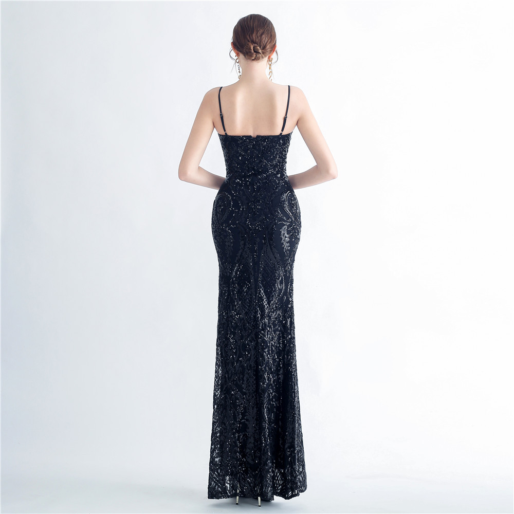 Sling low-cut evening dress sequins halter long dress