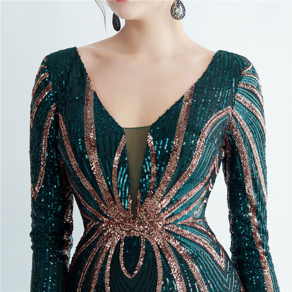 Long sleeve colors sequins ostrich hair evening dress