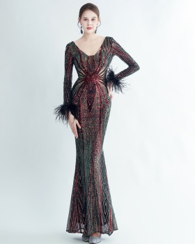 Long sleeve colors sequins ostrich hair evening dress