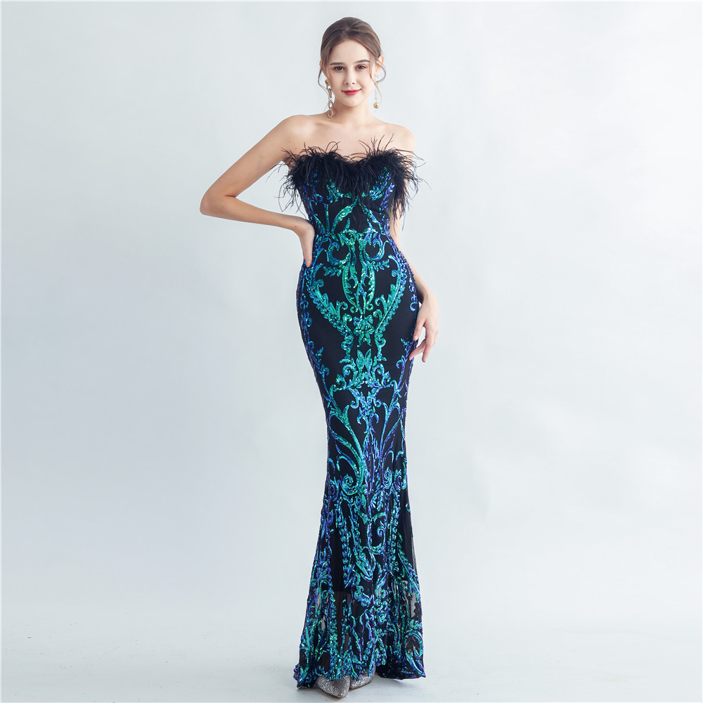 Wrapped chest ostrich hair evening dress