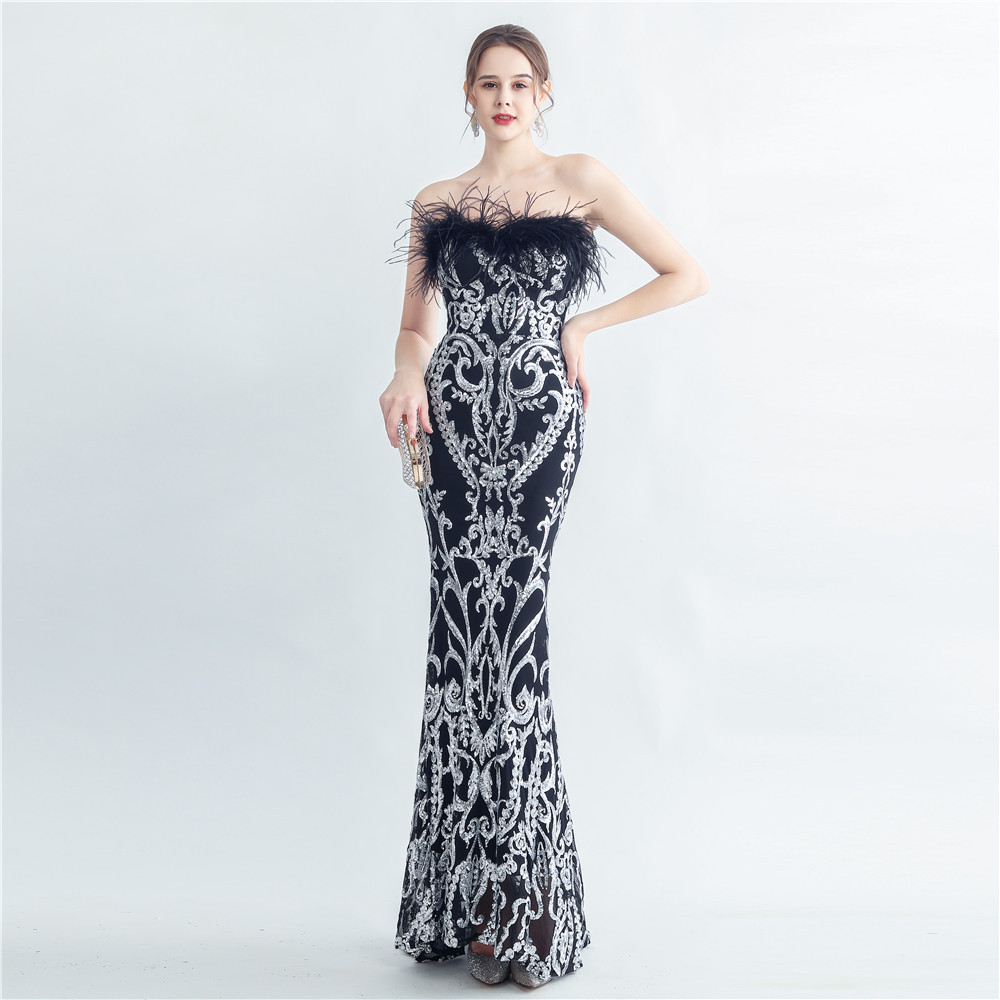 Wrapped chest ostrich hair evening dress