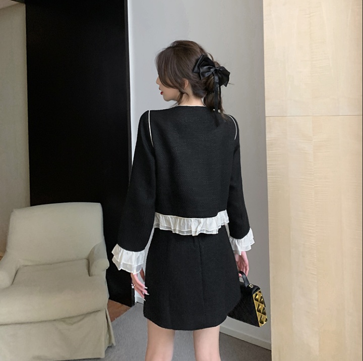 Round neck France style skirt lotus leaf edges jacket 2pcs set