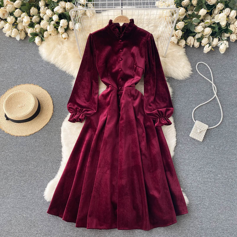 Pinched waist slim autumn dress velvet retro long dress