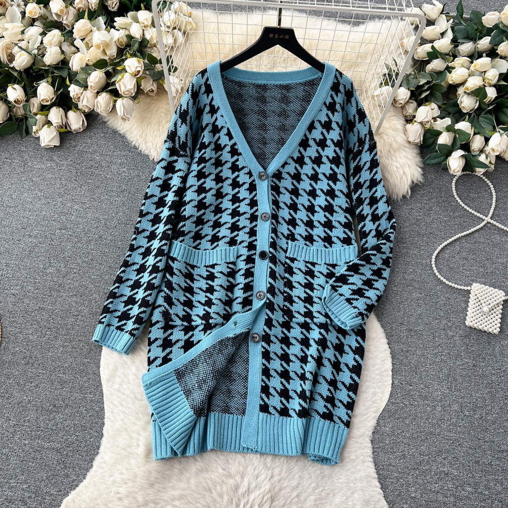 Minimalist lazy dress plaid knitted cardigan a set