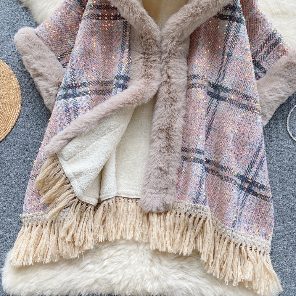 Long plus velvet thick cloak hooded winter plaid shawl