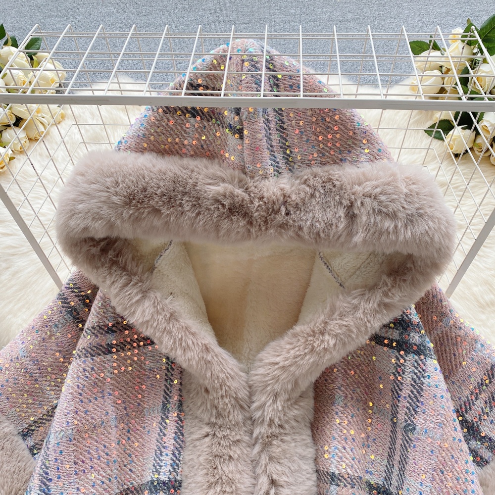 Long plus velvet thick cloak hooded winter plaid shawl
