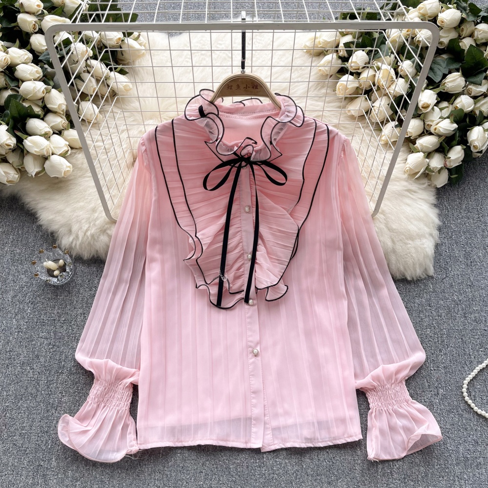 Wood ear collar show young chiffon shirt crimp tops for women