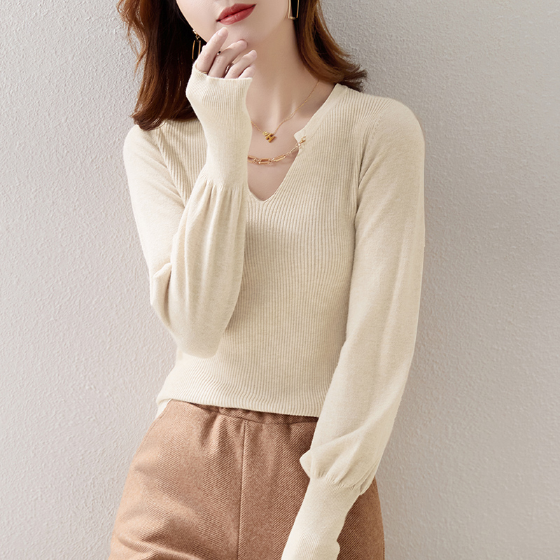 Knitted Western style small shirt V-neck long sleeve tops