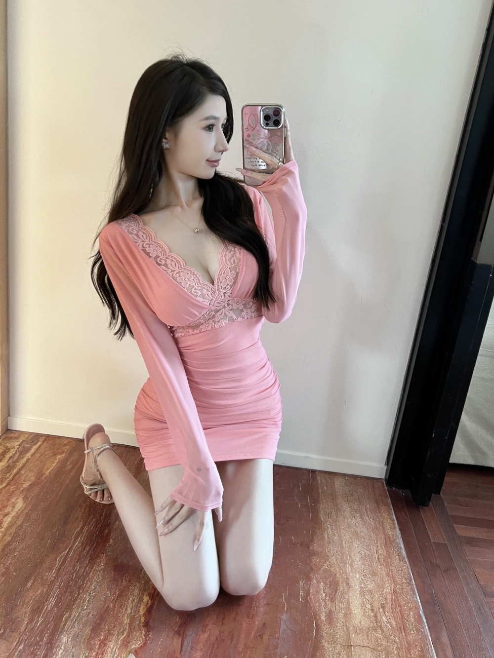 Gauze ladies V-neck sexy package hip long sleeve dress for women