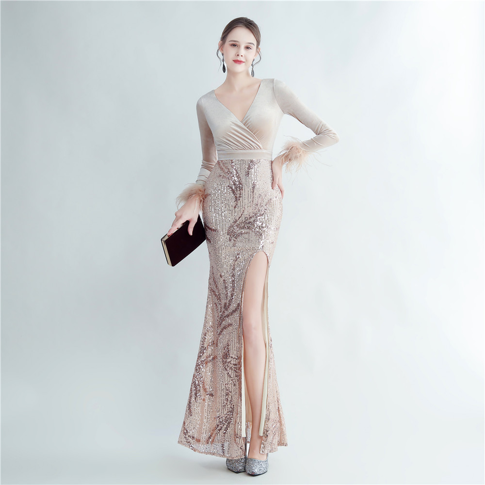 Long sleeve velvet ostrich hair sequins split evening dress