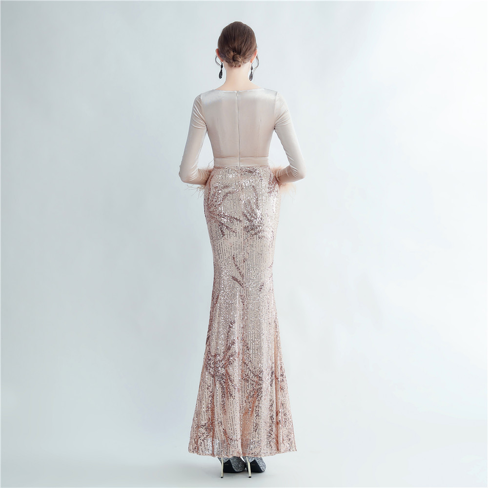 Long sleeve velvet ostrich hair sequins split evening dress