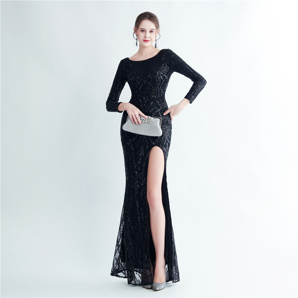 Sequins long sleeve European style split evening dress