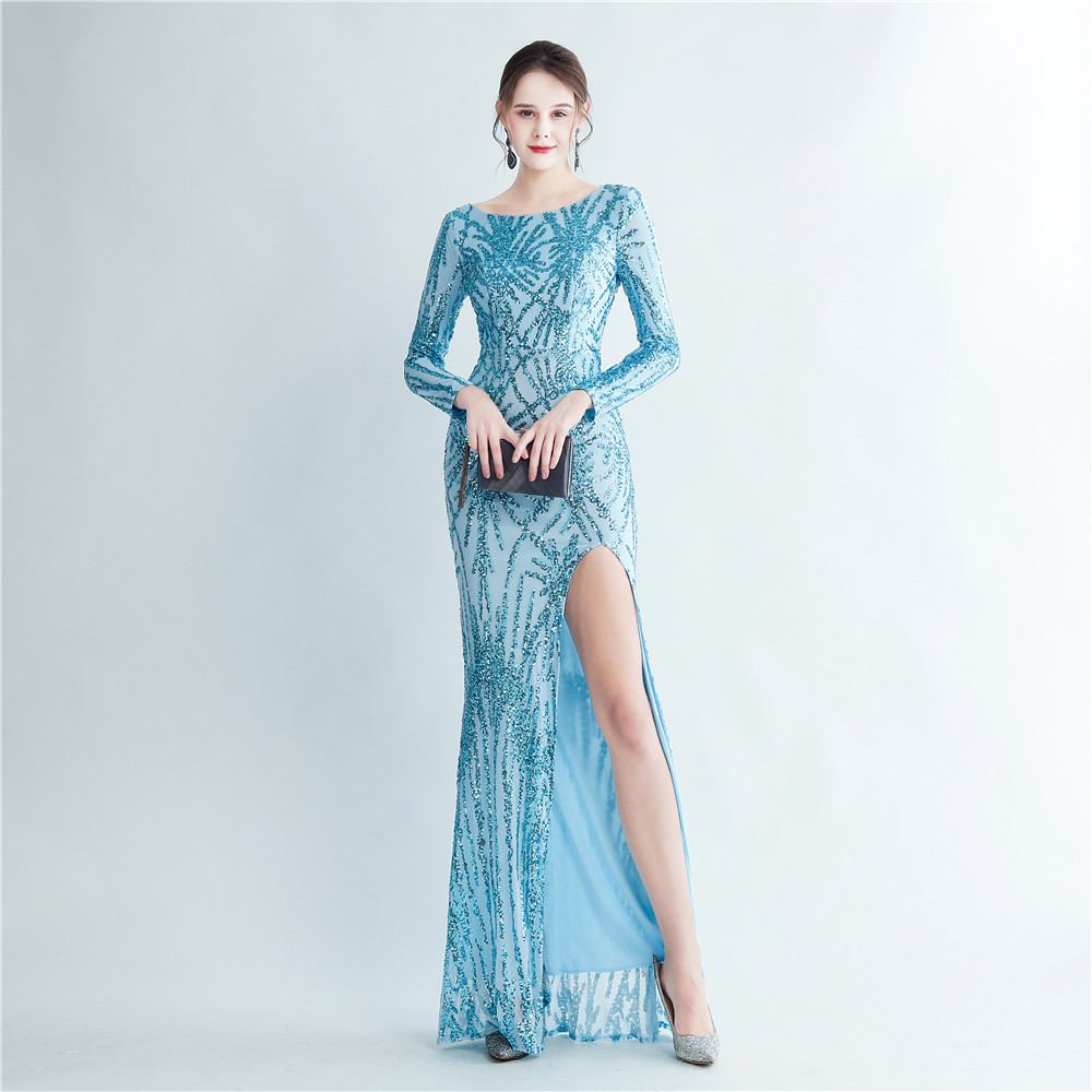 Sequins long sleeve European style split evening dress