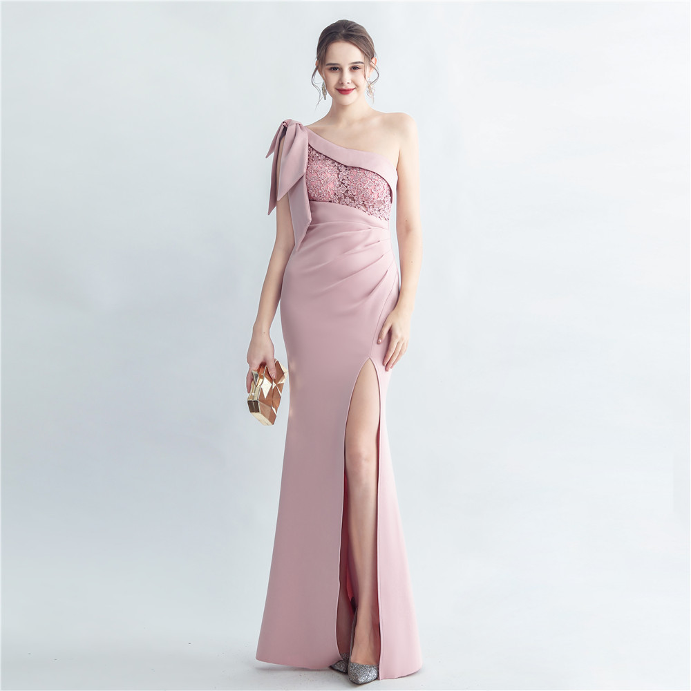 Beading rome collar lace sloping shoulder evening dress