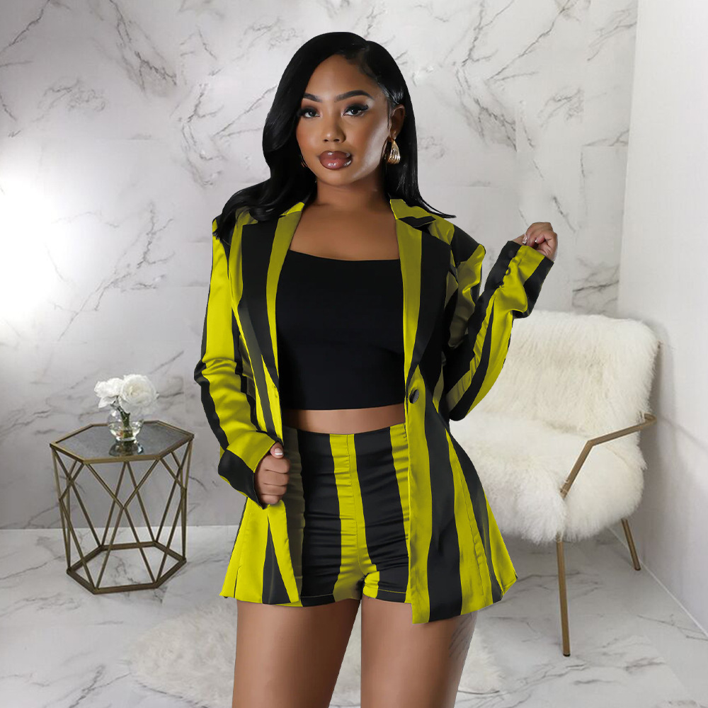 Fashion printing coat stripe shorts 2pcs set for women
