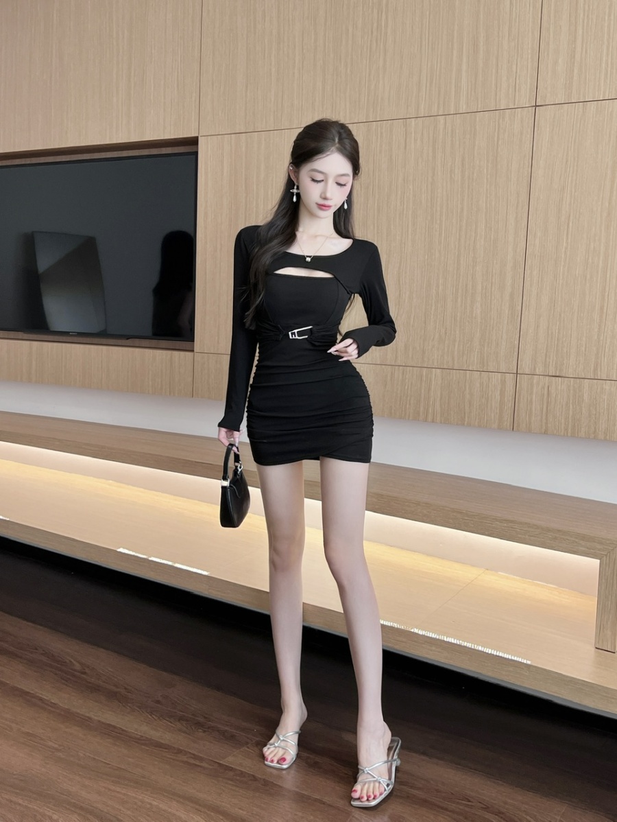 Long sleeve package hip bottoming sexy pinched waist dress