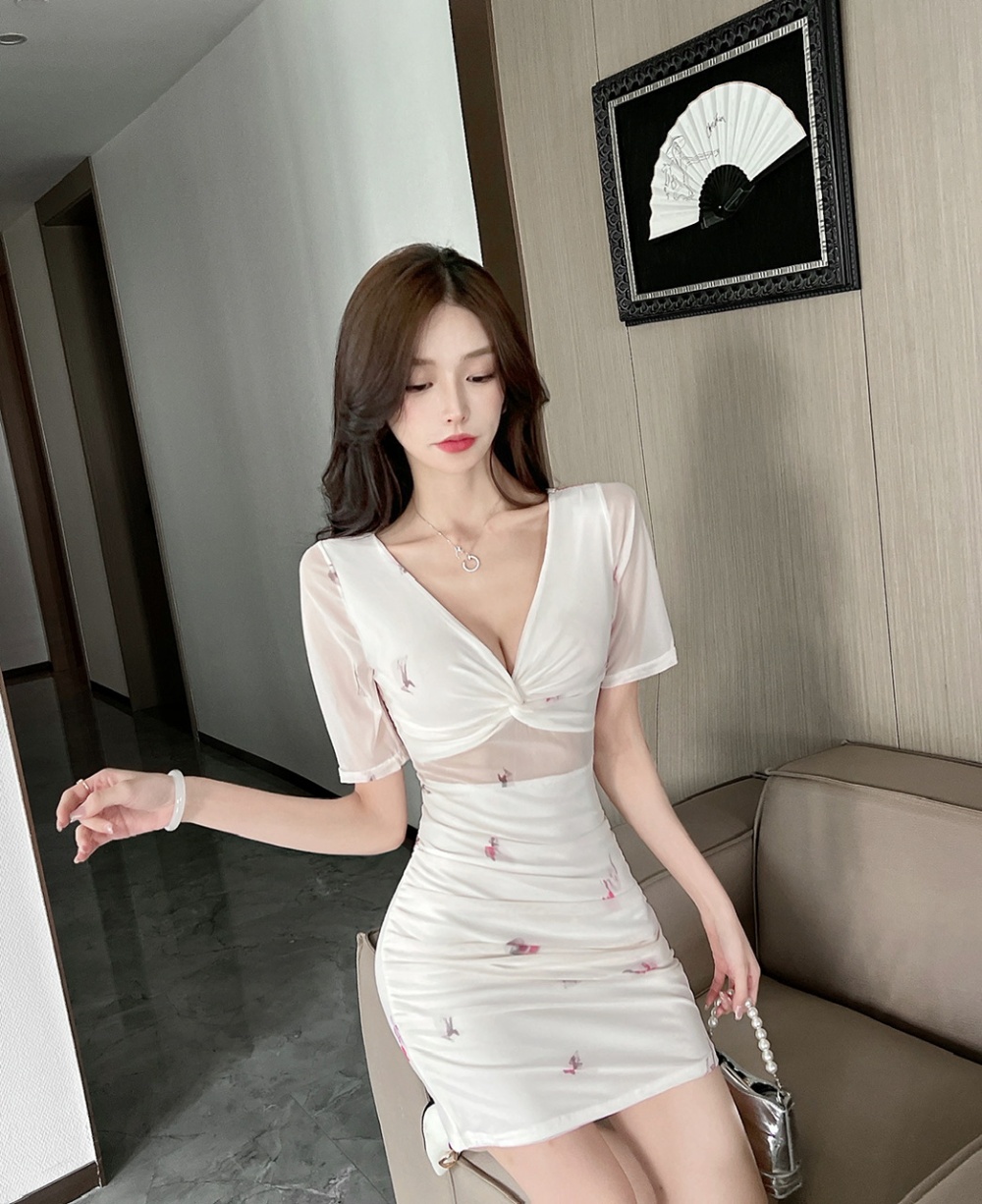Sexy bottoming short sleeve gauze printing package hip dress