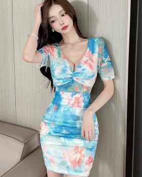 Sexy bottoming short sleeve gauze printing package hip dress
