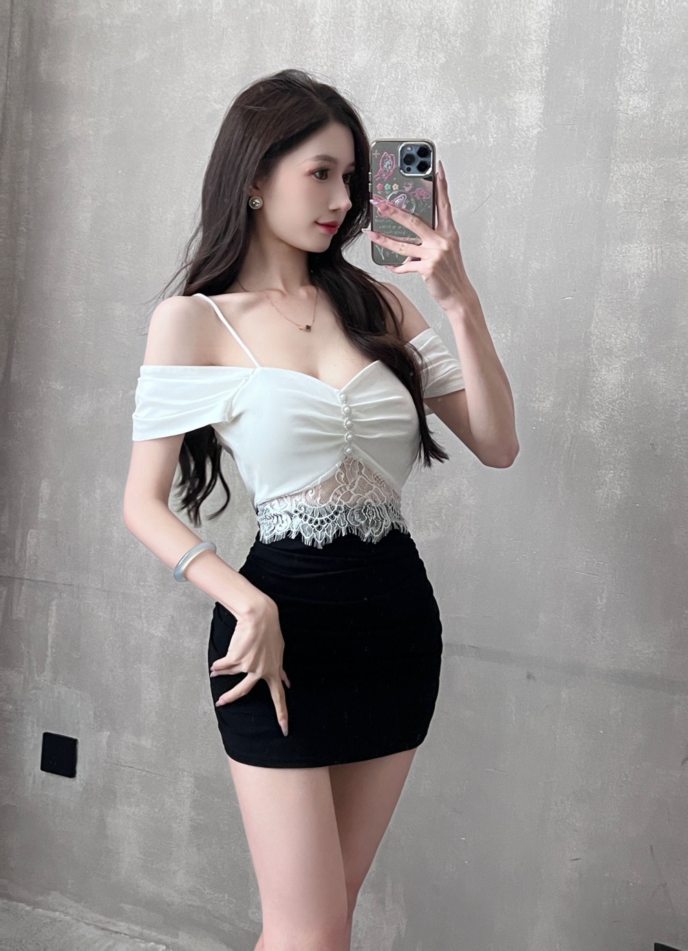Lace high elastic bottoming cotton splice dress