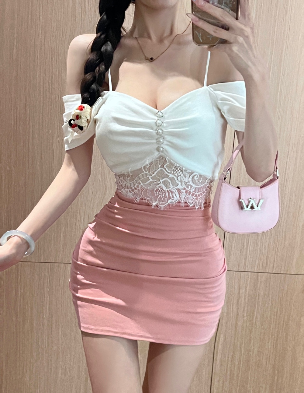 Lace high elastic bottoming cotton splice dress