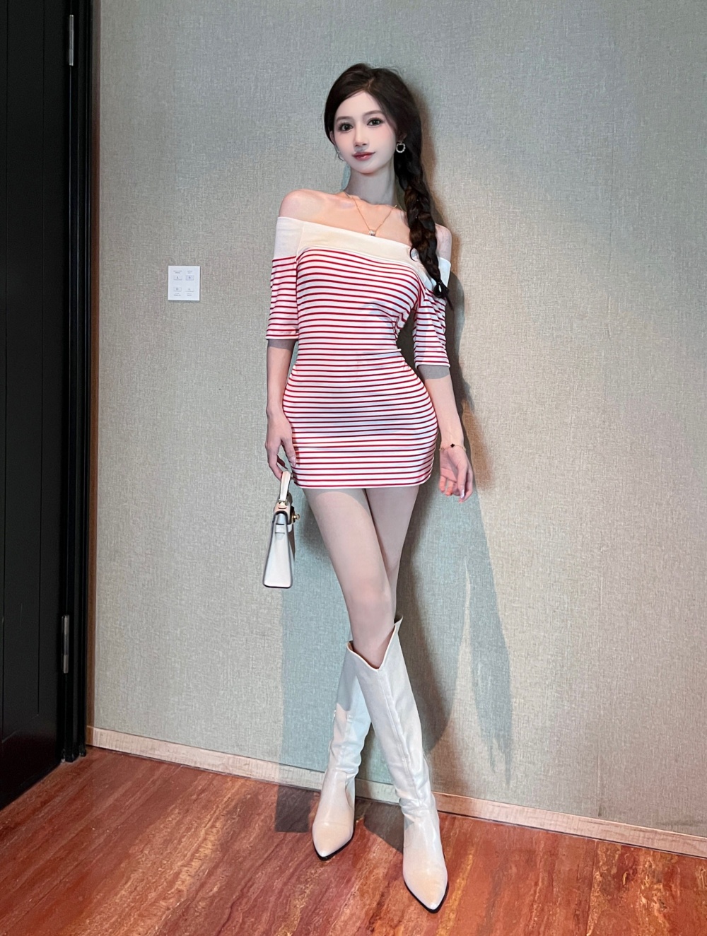 Cotton tight sexy package hip stripe short sleeve dress
