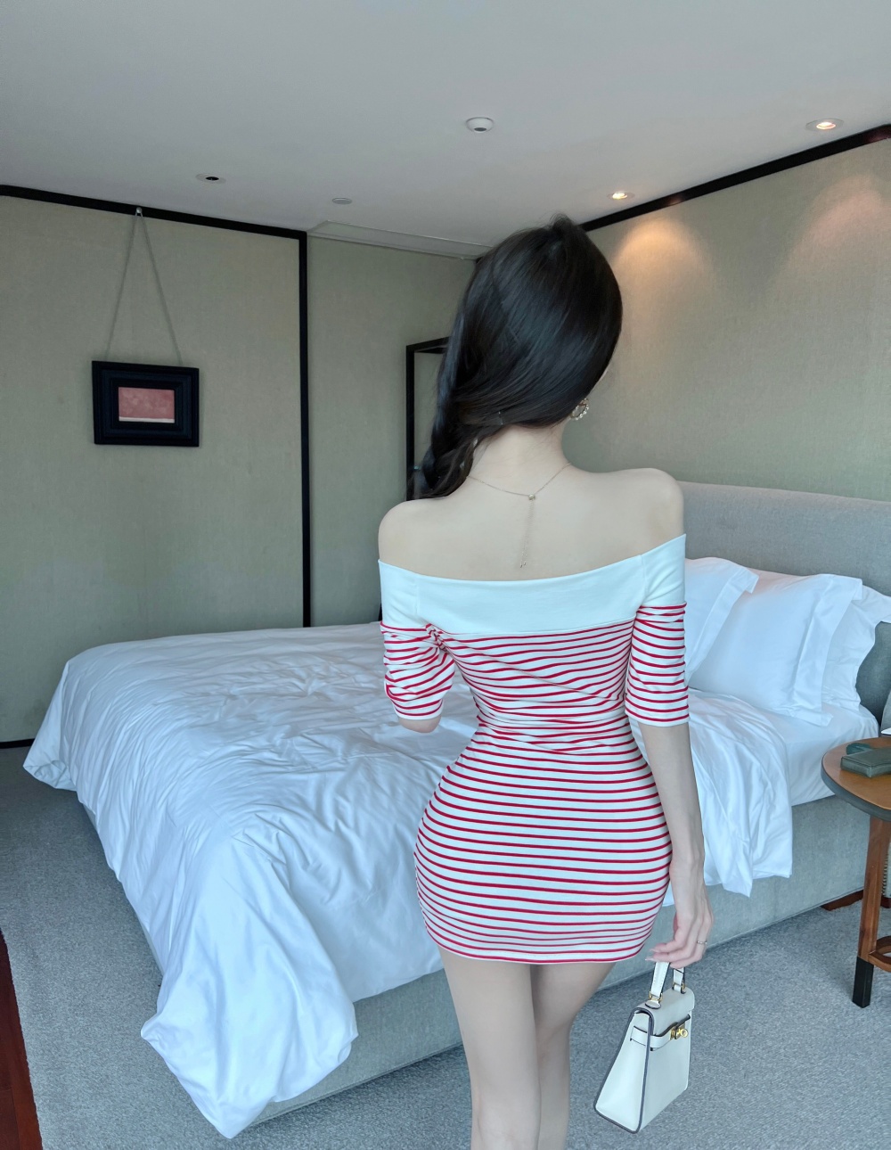 Cotton tight sexy package hip stripe short sleeve dress