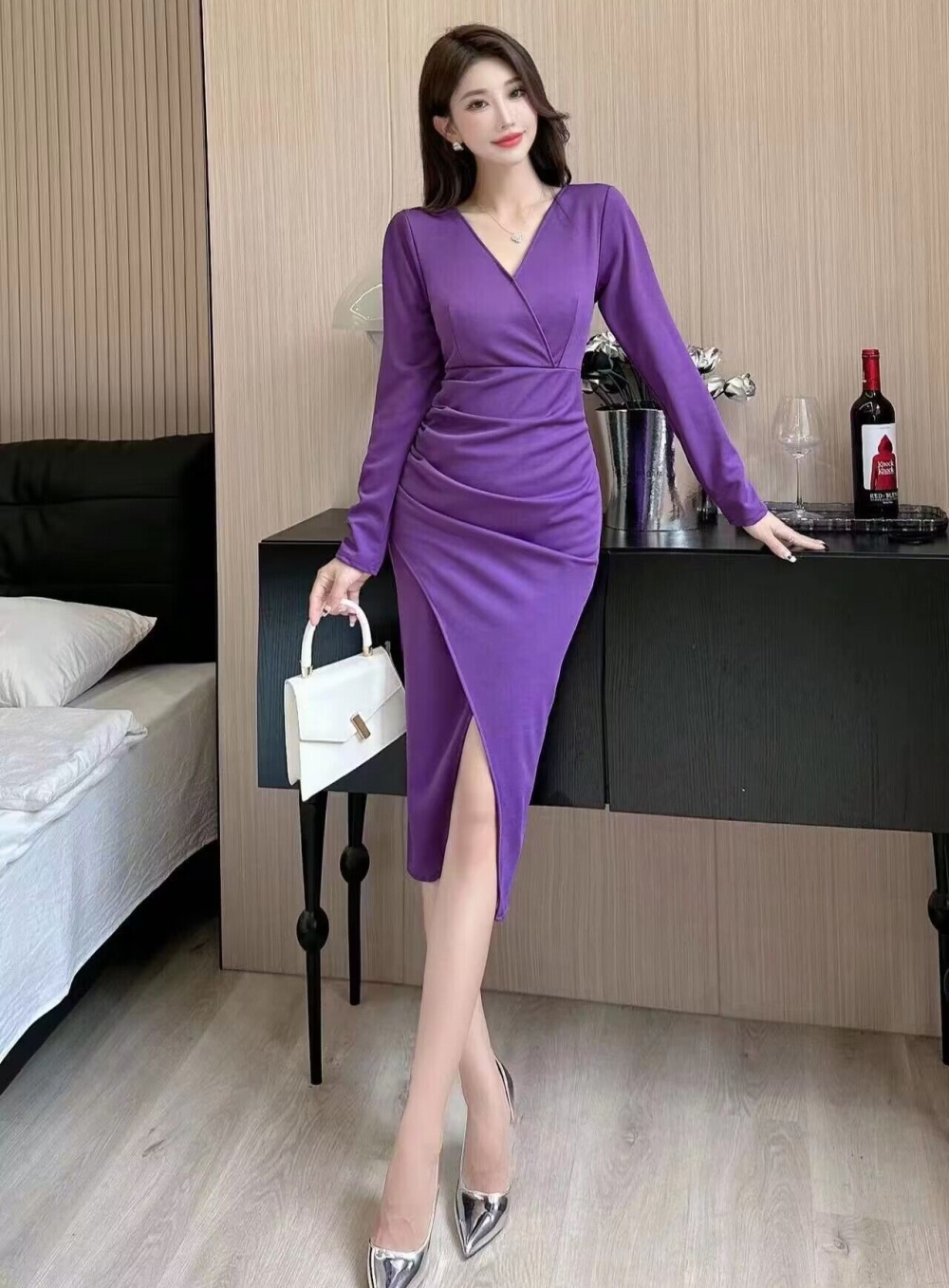 Split package hip commuting pinched waist fold purple dress