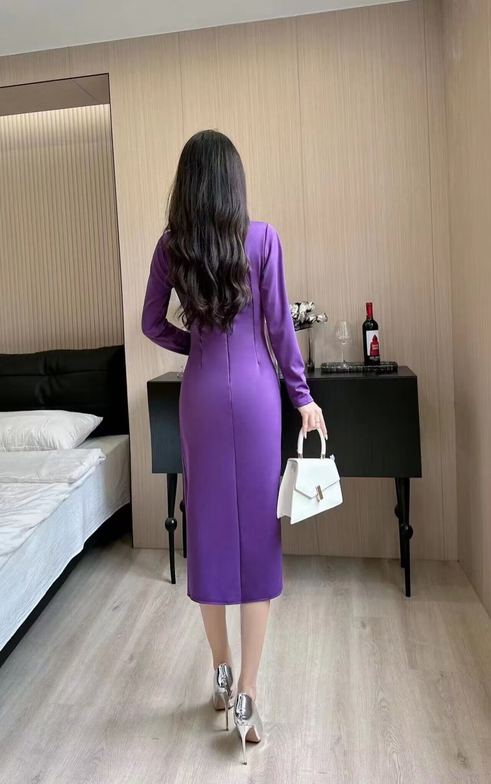 Split package hip commuting pinched waist fold purple dress