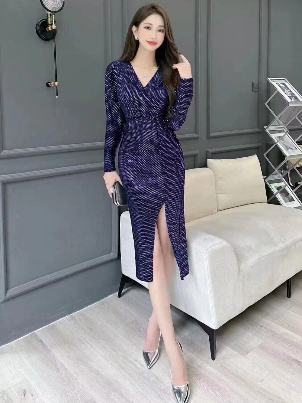 Sequins pinched waist sexy dress package hip ladies long dress
