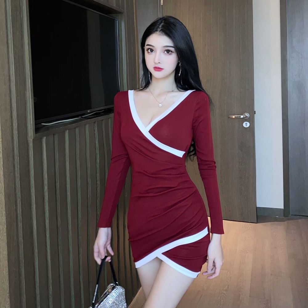 Slim pinched waist cross V-neck mixed colors dress