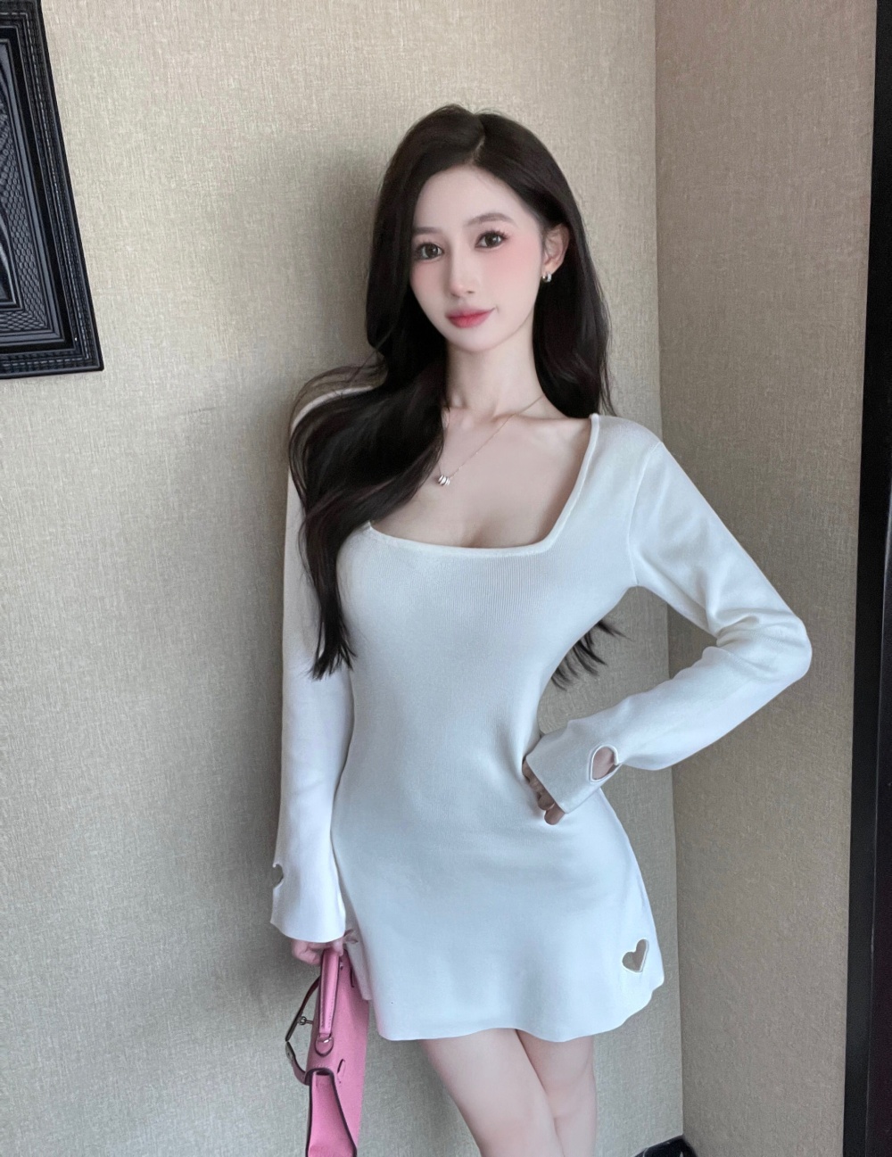 White stunning square collar lady dress for women