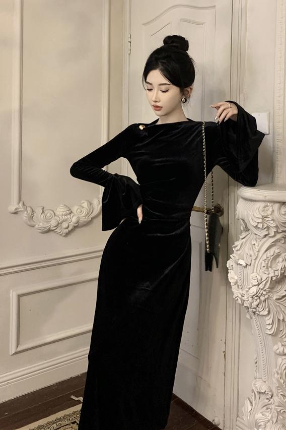 Simple dress sloping shoulder formal dress for women