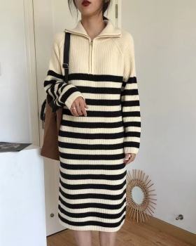 Fashion high collar dress stripe sweater dress for women