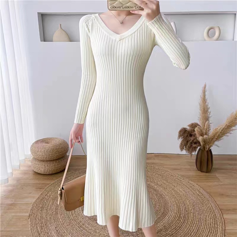 Autumn and winter V-neck long pinched waist dress for women