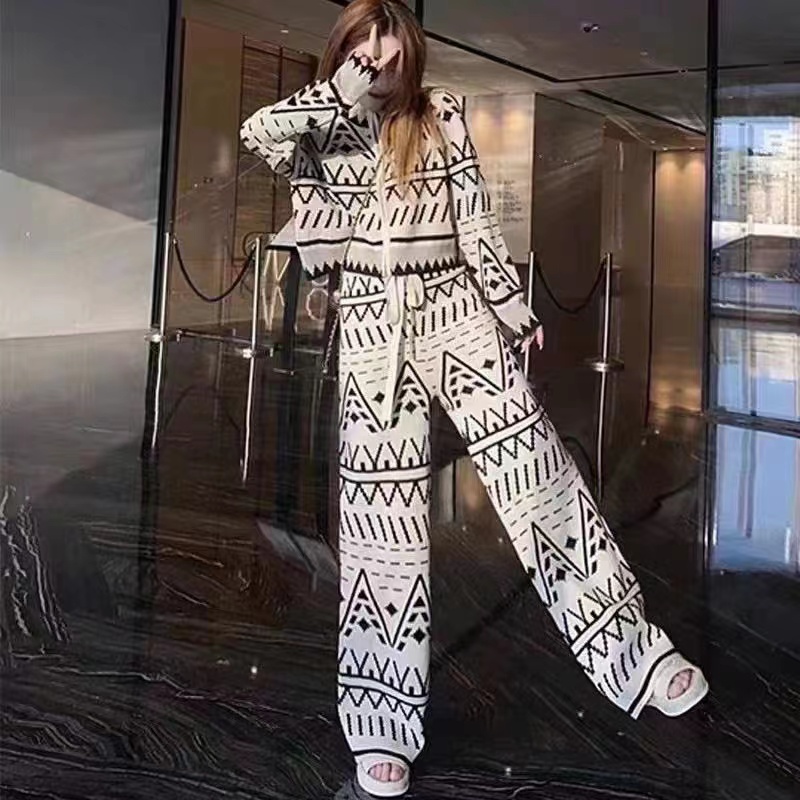 Autumn and winter knitted wide leg pants 2pcs set