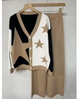 Fashion and elegant wide leg pants stars cardigan 2pcs set
