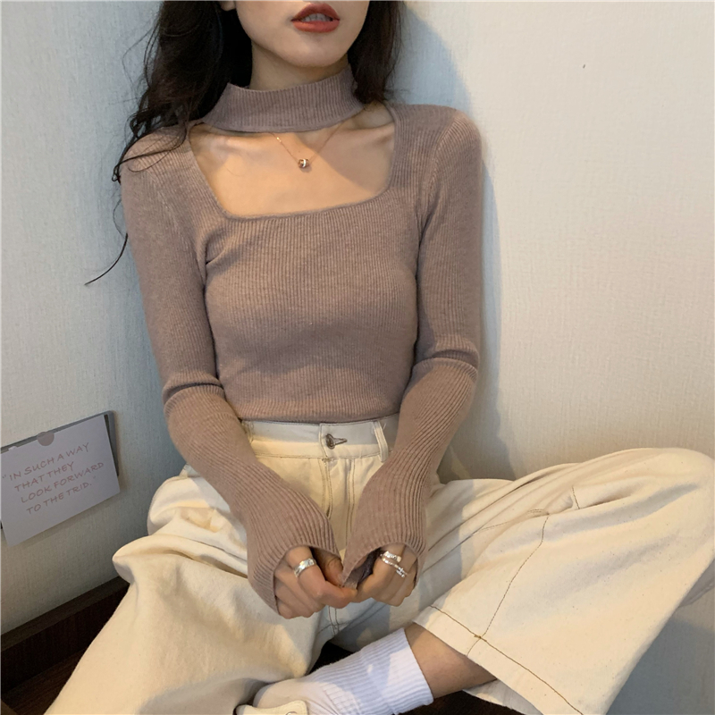 Long sleeve halter bottoming hollow knitted round neck tops