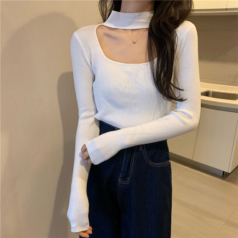 Long sleeve halter bottoming hollow knitted round neck tops