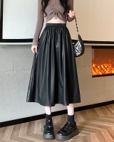 Korean style all-match A-line long PU pure skirt for women