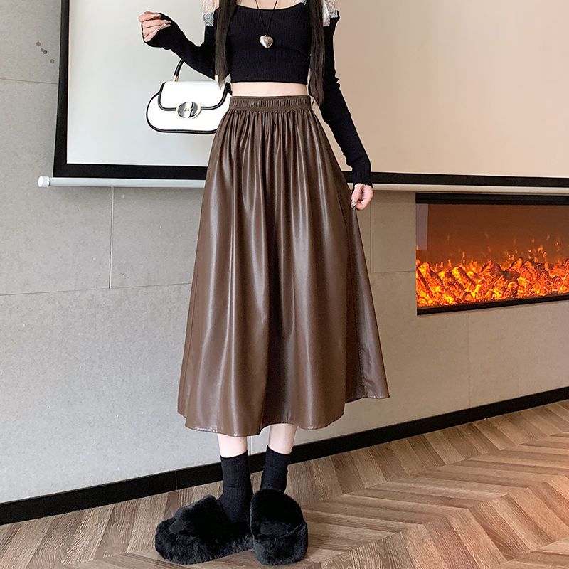 Korean style all-match A-line long PU pure skirt for women