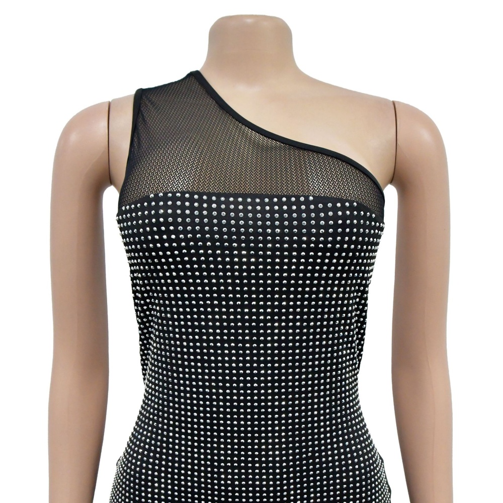 Rhinestone shoulder grid bandage fashion dress for women