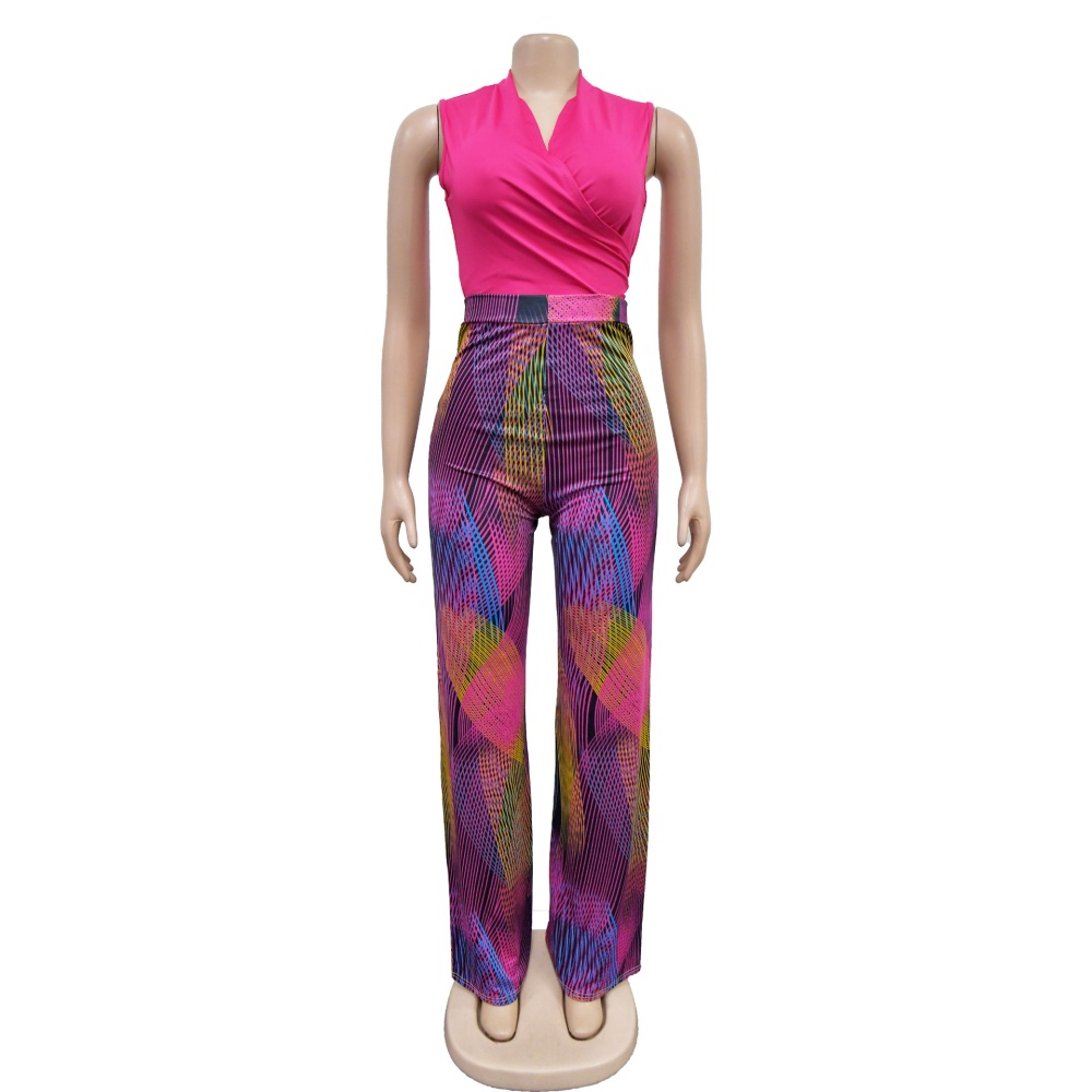 Printing V-neck sleeveless fashion colors long pants 2pcs set