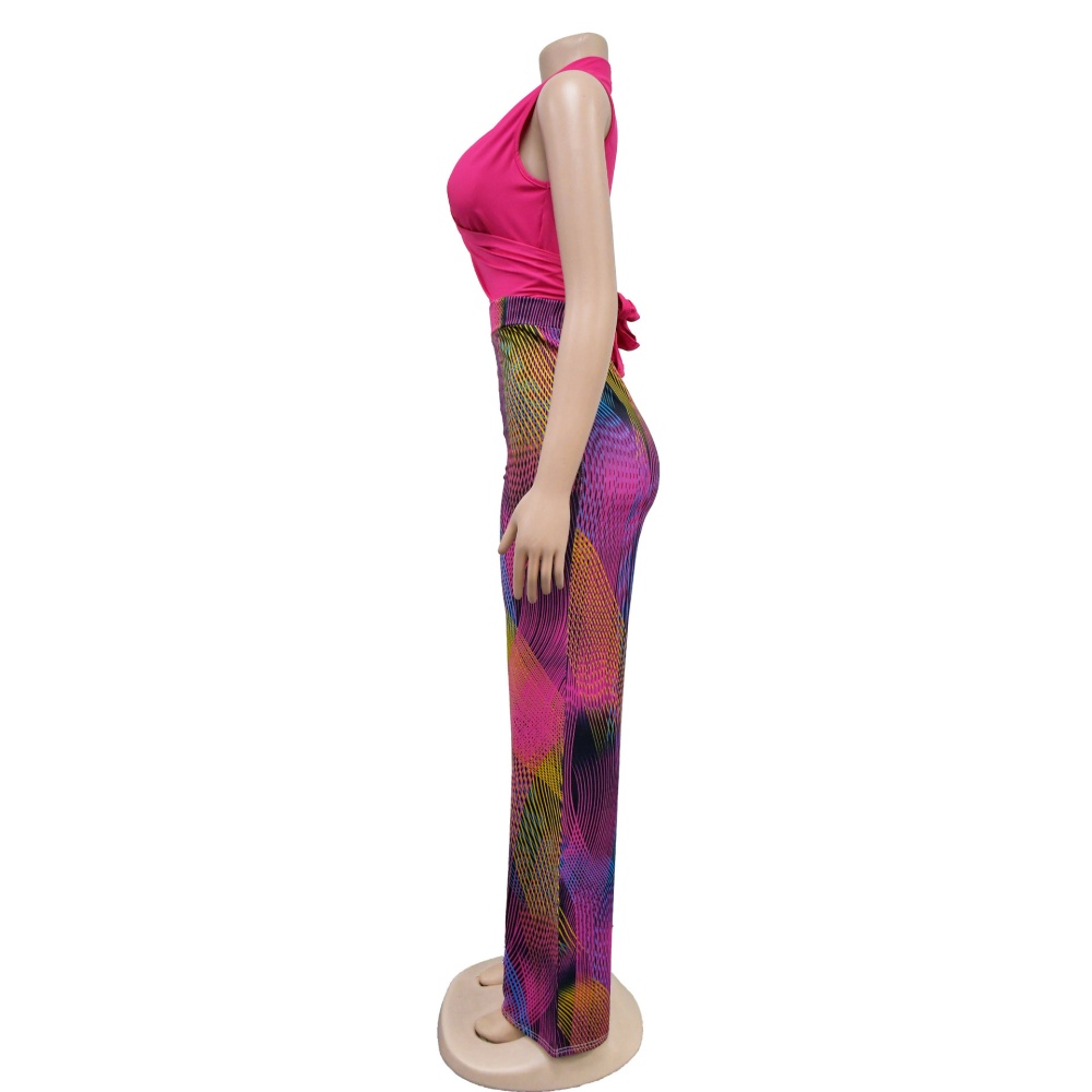 Printing V-neck sleeveless fashion colors long pants 2pcs set