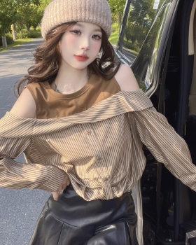 Mixed colors round neck tops Pseudo-two shirt for women