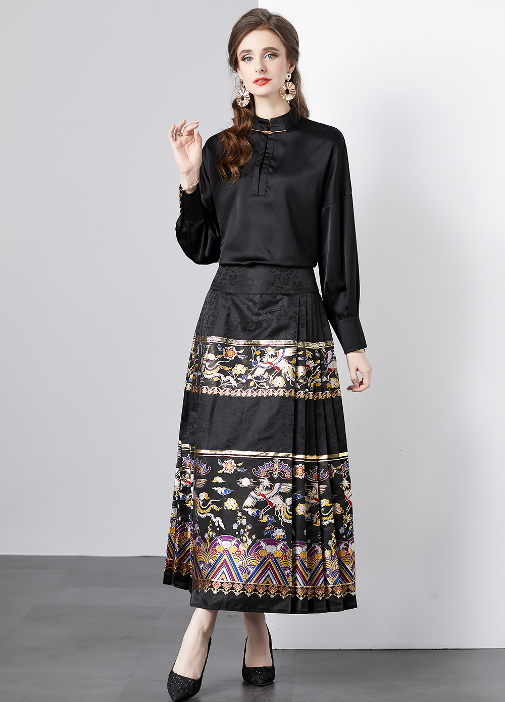 Jacquard lined tops high waist Han clothing skirt 2pcs set