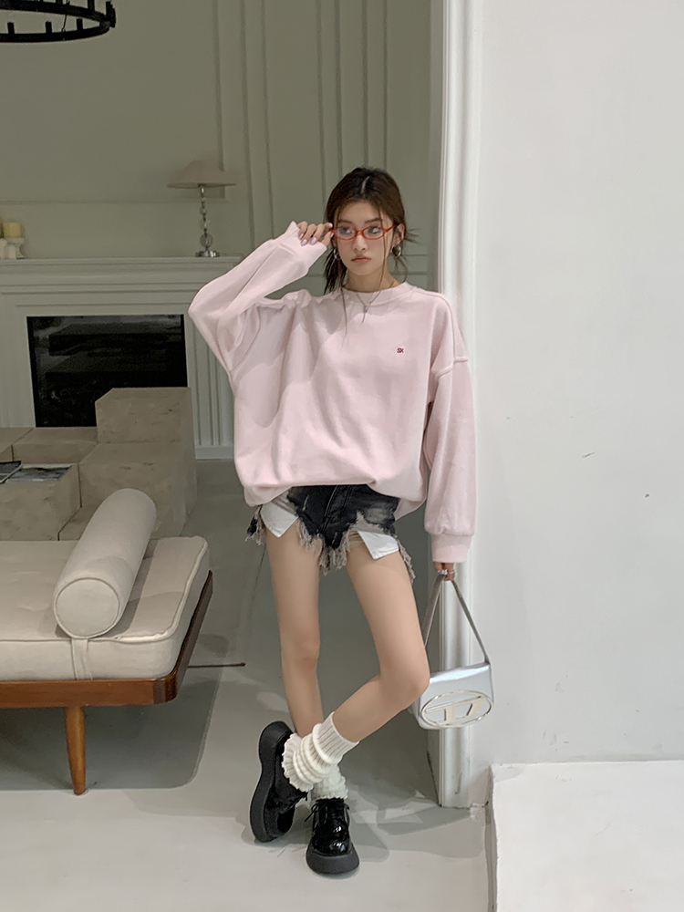 Pullover letters hoodie pink tops for women